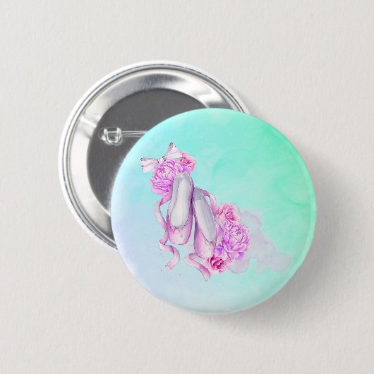 ピンクの水色のバレーシューズが弓と牡丹 缶バッジ (正面&裏面)