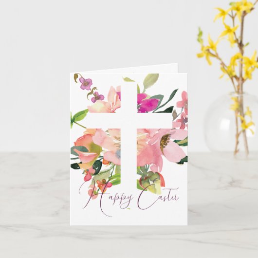ピンクの水色のフローラがイースターを横切る カード (黄色い花)