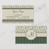 ピンクの水色のフローラつる植物、ストライプとモノグラム 名刺 (正面/裏面)