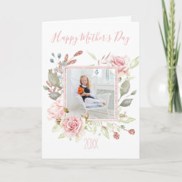 ピンクの水色のフローラと写真の母の日 カード