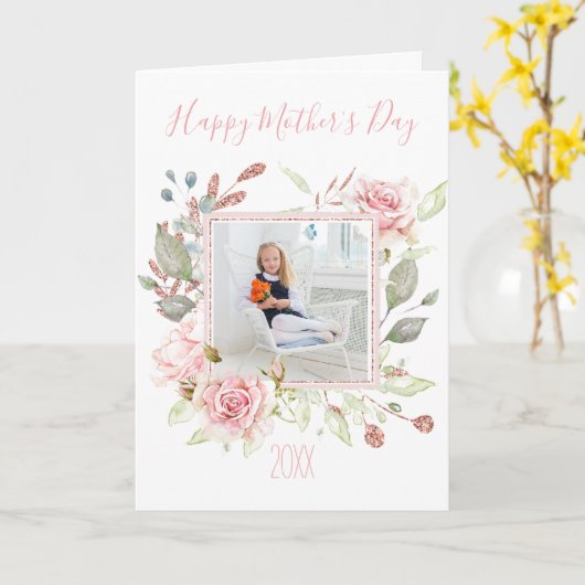 ピンクの水色のフローラと写真の母の日 カード (黄色い花)