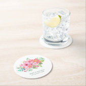 ピンクの水色のフローラの緑の名前の結婚日付 ラウンドペーパーコースター (インサイチュ)