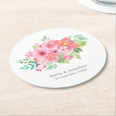 ピンクの水色のフローラの緑の名前の結婚日付 ラウンドペーパーコースター (アングル)