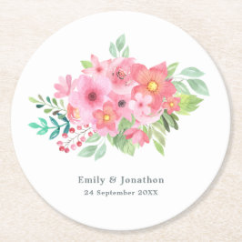 ピンクの水色のフローラの緑の名前の結婚日付 ラウンドペーパーコースター