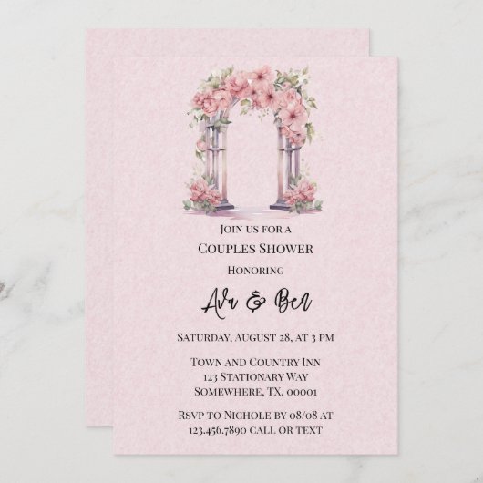 ピンクの水色のフローラアーチ教会カップルのシャワー 招待状 (正面/裏面)