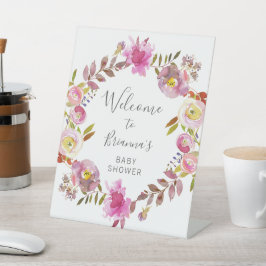 ピンクの水色のフローラリースベビーシャワーへようこそ 台座サイン