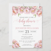 ピンクの水色のフローラ女の子シャワー招待 招待状 (正面)