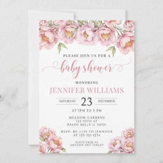 ピンクの水色のフローラ女の子シャワー招待 招待状 (正面)