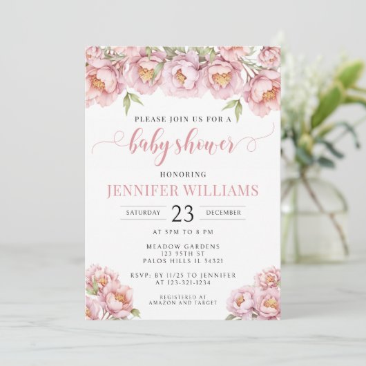 ピンクの水色のフローラ女の子シャワー招待 招待状 (スタンド正面)