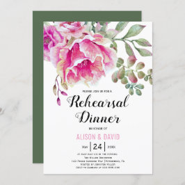ピンクの水色のフローラ結婚のリハーサルディナー 招待状