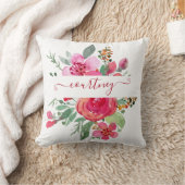 ピンクの水色のフローラ パーソナライズされた クッション (ブランケット)