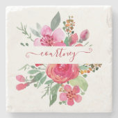ピンクの水色のフローラ パーソナライズされた ストーンコースター (正面)