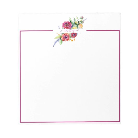 ピンクの水色のフローラ パーソナライズされた ノートパッド (正面)