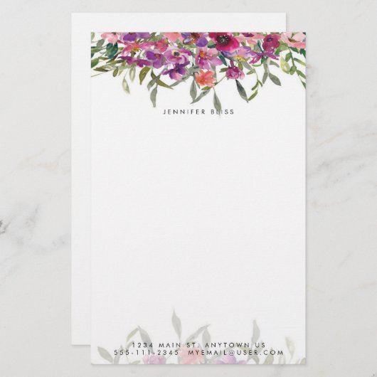 ピンクの水色のフローラ パーソナライズされた 便箋 (正面/裏面)