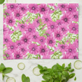 ピンクの水色のペチュニアの花柄 キッチンタオル (折り畳み)