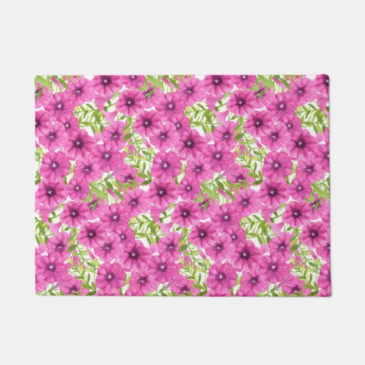 ピンクの水色のペチュニアの花柄 ドアマット (正面)