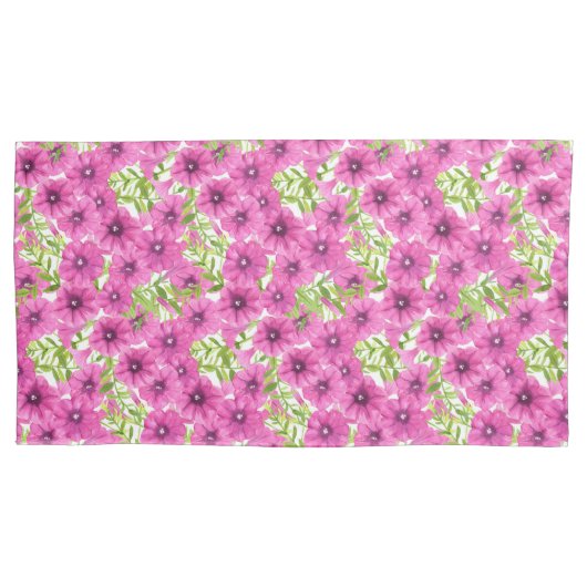 ピンクの水色のペチュニアの花柄 枕カバー (正面左)