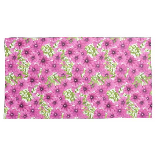 ピンクの水色のペチュニアの花柄 枕カバー (正面右)