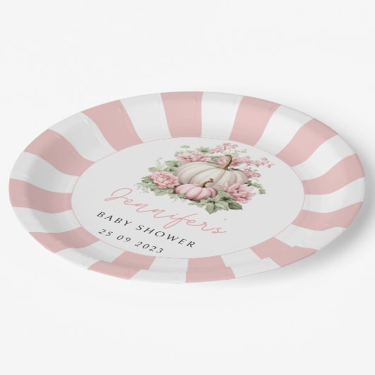 ピンクの水色の小さなかぼちゃの赤ちゃん女の子シャワー ペーパープレート (アングル)