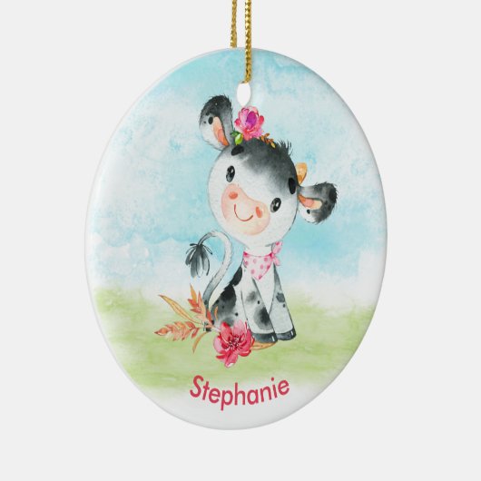 ピンクの水色の小さな牛 セラミックオーナメント (右)