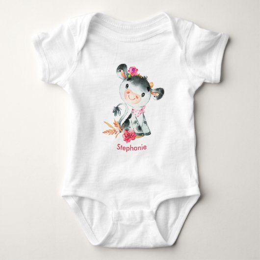 ピンクの水色の小さな牛 ベビーボディスーツ (正面)