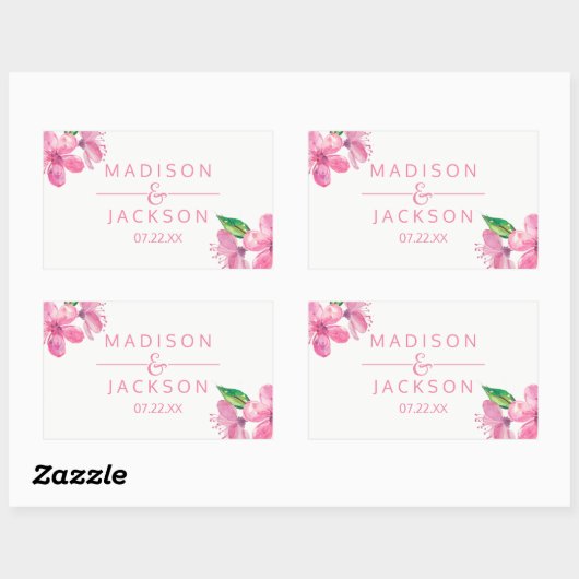 ピンクの水色の愛の花結婚のモノグラム 長方形シール (シート)