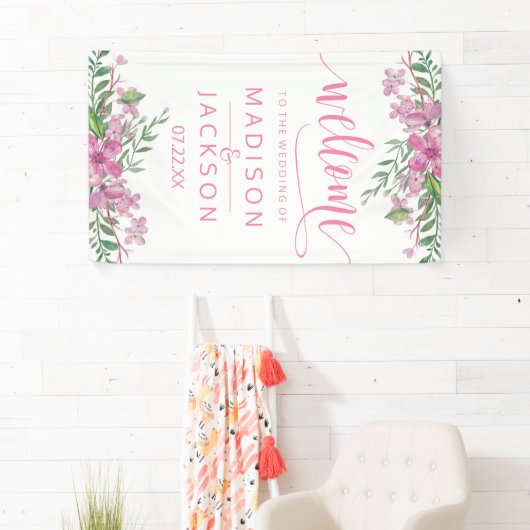 ピンクの水色の愛の花結婚の歓迎 横断幕 (インサイチュ)