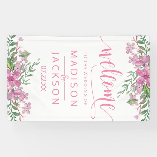 ピンクの水色の愛の花結婚の歓迎 横断幕 (横)