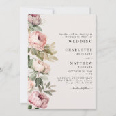 ピンクの水色の牡丹エレガントな結婚式 招待状 (正面)