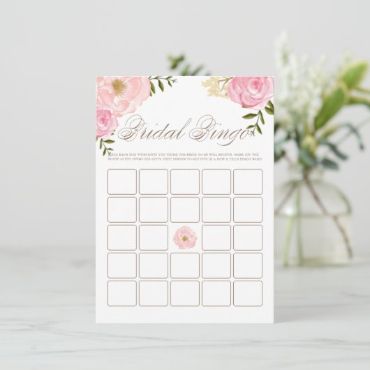 ピンクの水色の牡丹ブライダルシャワービンゴゲーム エンクロージャーカード (スタンド正面)