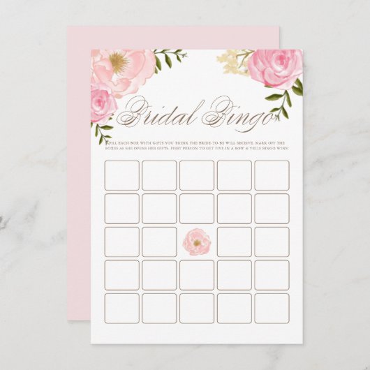 ピンクの水色の牡丹ブライダルシャワービンゴゲーム エンクロージャーカード (正面/裏面)