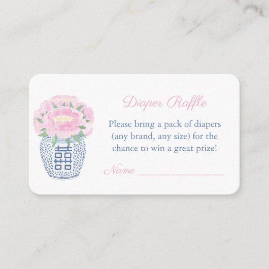 ピンクの水色の牡丹ベビーシャワーオムツラッフル エンクロージャーカード (正面)