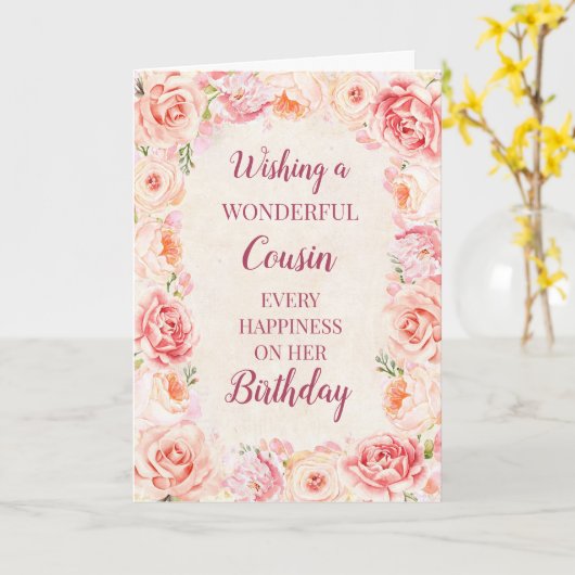 ピンクの水色の花いとこの誕生日 カード (黄色い花)