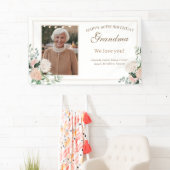 ピンクの水色の花おばあちゃん誕生日 横断幕 (インサイチュ)