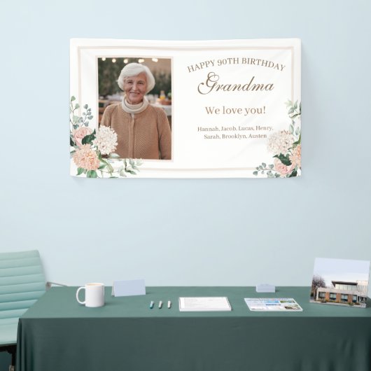 ピンクの水色の花おばあちゃん誕生日 横断幕 (トレードショー)