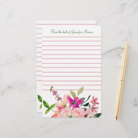 ピンクの水色の花が並パーソナライズされたんだ 便箋 (正面/裏面インサイチュ)