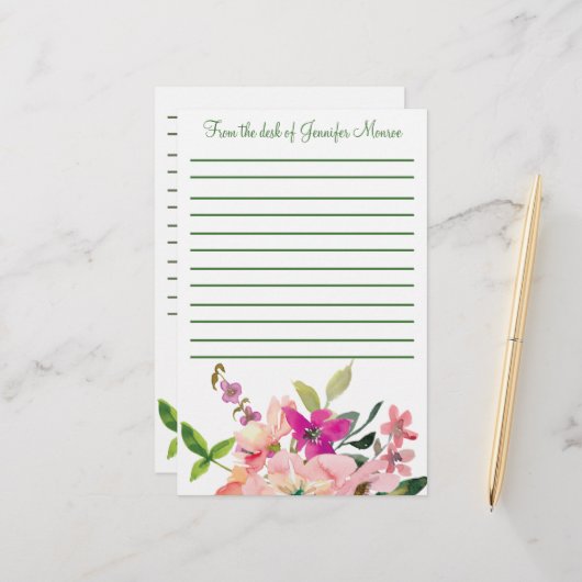 ピンクの水色の花が並パーソナライズされたんだ 便箋 (正面/裏面インサイチュ)