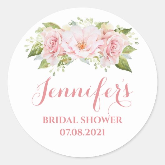 ピンクの水色の花のカスタムブライダルシャワー ラウンドシール (正面)