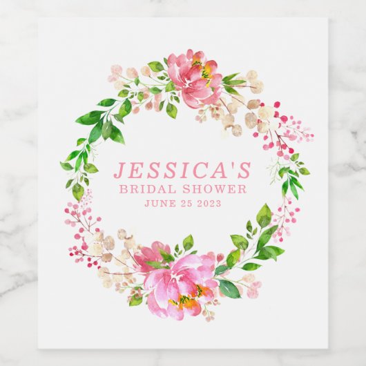 ピンクの水色の花のブライダルシャワーカスタム ワインラベル (シングルラベル)