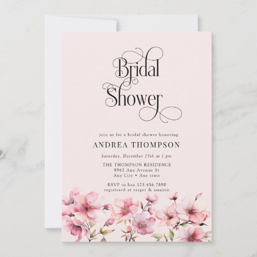 ピンクの水色の花のブライダルシャワー 招待状 (正面)