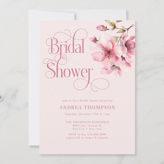 ピンクの水色の花のブライダルシャワー 招待状 (正面)