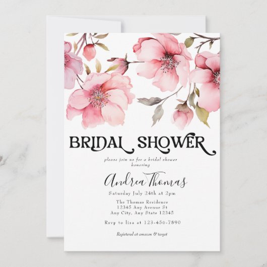 ピンクの水色の花のブライダルシャワー 招待状 (正面)