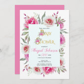 ピンクの水色の花の女の子のためのベビーシャワー 招待状 (正面/裏面)