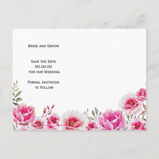 ピンクの水色の花の結婚式の日付を保存 案内ポストカード (裏面)