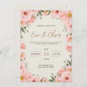ピンクの水色の花の結婚式招待状 招待状 (正面/裏面)