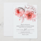 ピンクの水色の花の結婚式招待状 招待状 (正面/裏面)