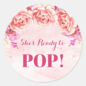 ピンクの水色の花をメッセージカード可能ポップ・アートの ラウンドシール (正面)