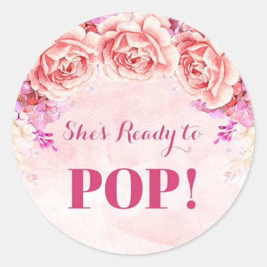 ピンクの水色の花をメッセージカード可能ポップ・アートの ラウンドシール (正面)