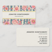 ピンクの水色の花を付けたストライプBusiness Card 名刺 (正面/裏面)