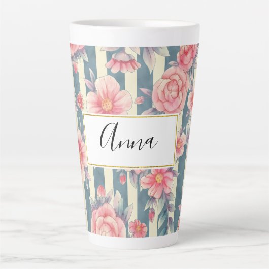 ピンクの水色の花を咲かせるストライプ花 カフェラテマグ (正面)